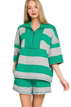Zenana French Terry Striped Half-Zip Pullover Top and Shorts Set