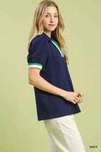 Umgee Blouse Navy Blue Puff Short Sleeve Zip Front with Contrast Striped Trim 6b9c7e29-9505-4b79-bfaf-405bcec181a7-Max-Origin Trendsi