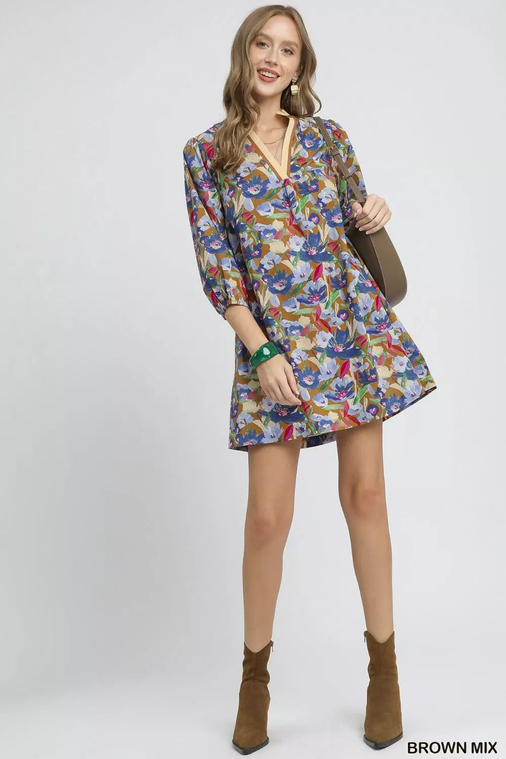 Umgee Mini Dress Boho Brown Floral Mix Print Balloon 3/4 Sleeve 6ba0eeb7-c89f-4390-8c56-b400b1901580-Max-Origin Trendsi