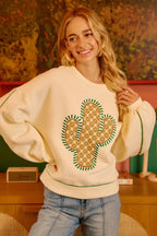 BiBi Womens Sweatshirt Cactus Embroidered Cream Fleece Pullover 6ba0f319b86642c3bc65c272f0f36243-Max-Origin Trendsi