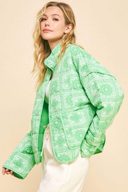 Davi & Dani USA Women Quilted Jacket Floral Neon Green Open Long Sleeve 6ba756c7-9eb1-4c86-be28-9700887b195f-Max Trendsi