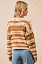 BiBi Womens Brown Striped Open Knit Sweater Top with Front Braided Detail 6bbc8375a2b14386b11503b3e12c6144-Max-Origin Trendsi