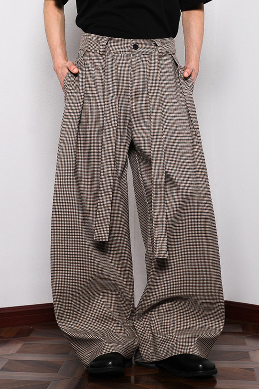 Men's Plus Size Wide Leg Plaid Pants with Belt and Pockets