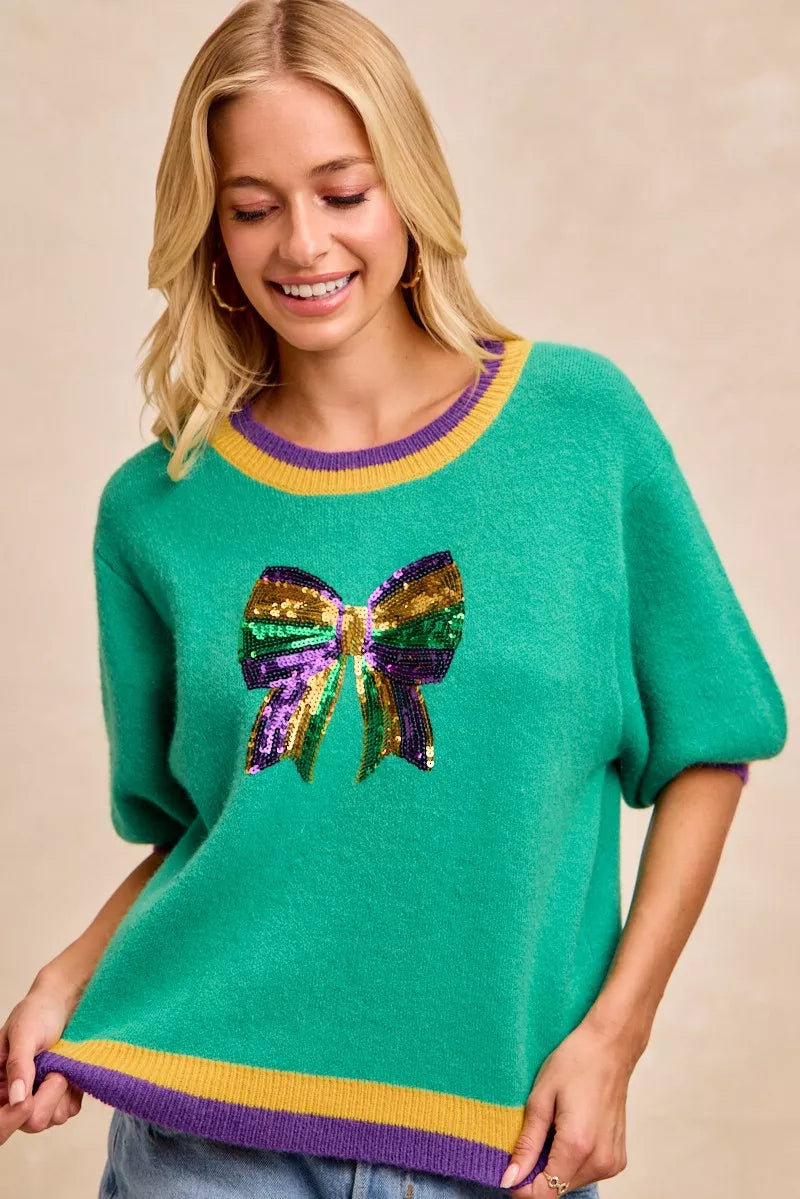 BiBi Sweater Green Mardi Gras Sequin Ribbon Patched Short Sleeve 6bc3589f5aca4f0eb1daadfc867cf96f-Max-Origin Trendsi