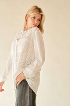 Women's Shirt White Jacquard Crinkled Button Down Davi & Dani Long Sleeve 6bc7c4cb-f3c7-4fdd-a682-e0e25e423505-Max Trendsi
