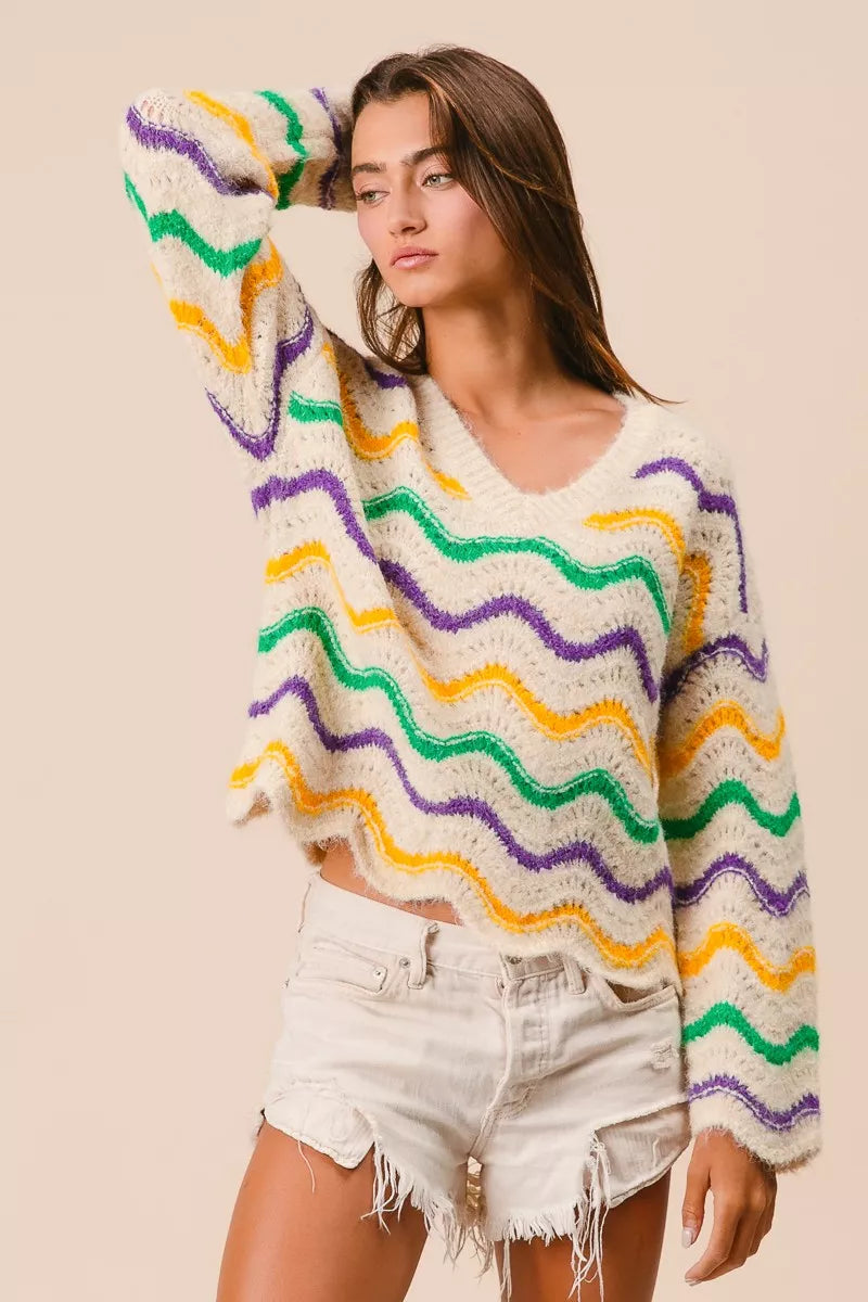 BiBi Womens Sweater Mardi Gras Wavy Stripes V-Neck Open Knit Pullover 6bc98005ea964215b296c55062f086f4-Max-Origin Trendsi