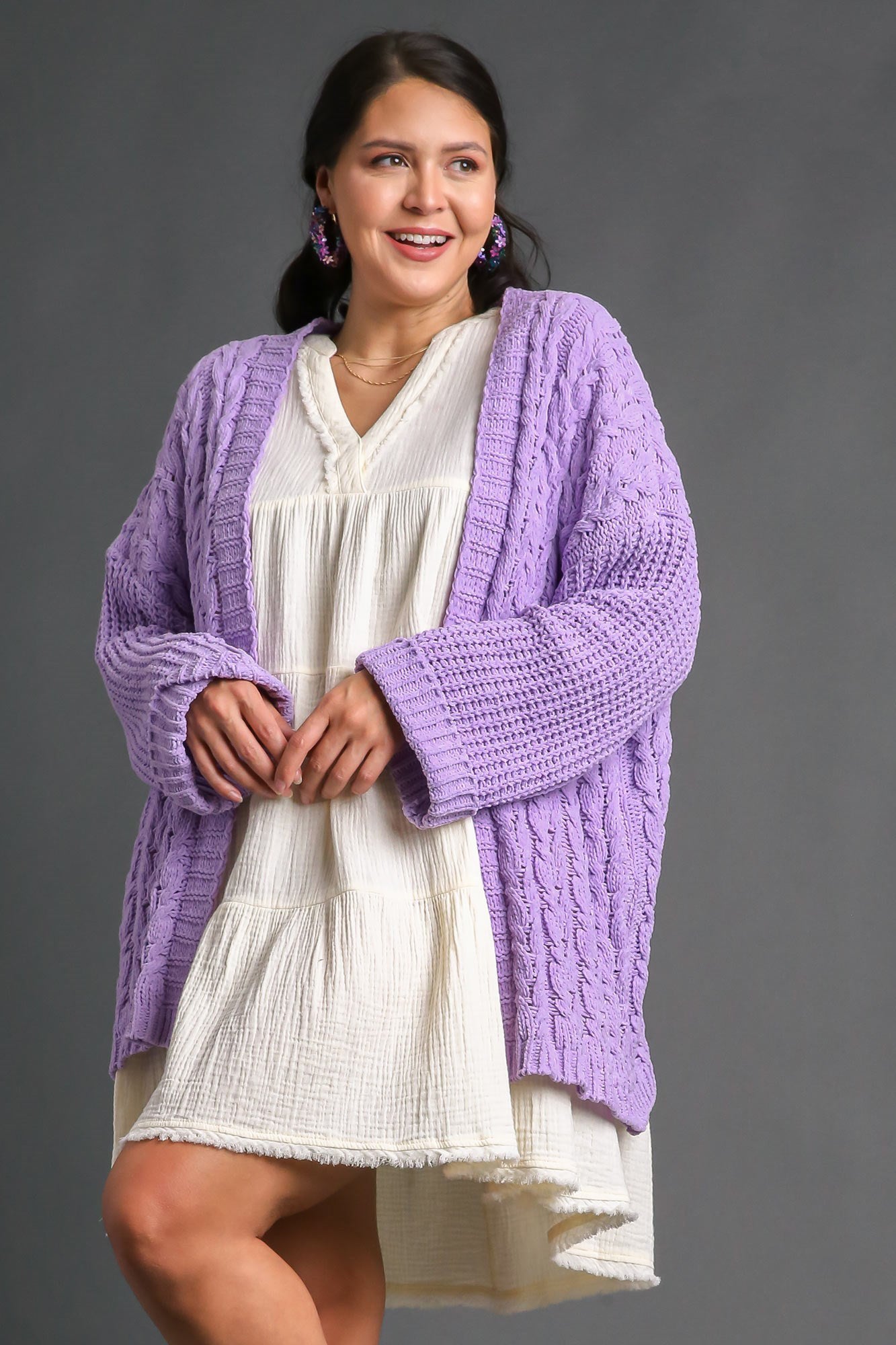 Umgee USA Cardigan Lilac Cable Knit Open Front Long Sleeve Women Knitwear