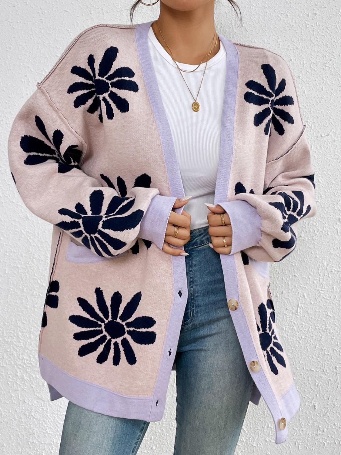 Cardigan Floral Contrast Dropped Shoulder Long Sleeve Knitwear 6be0b54c-aeb6-4a51-a82e-d014dd702ed0-Max Trendsi
