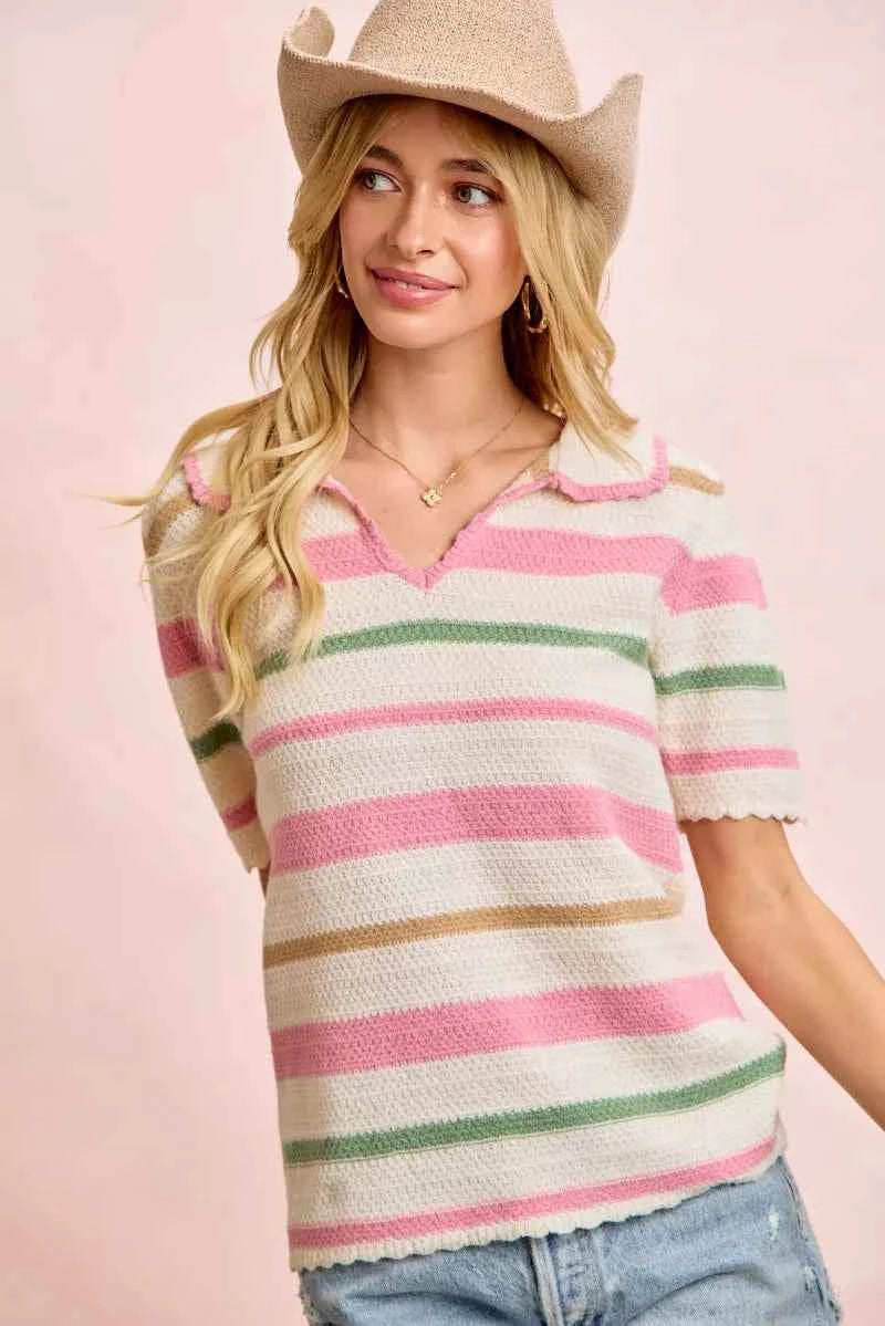 BiBi Multi Colors Stripes Collared Knit Top