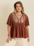 Plus Size Embroidered V-Neck Blounce Sleeve Blouse