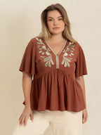 Plus Size Embroidered V-Neck Blounce Sleeve Blouse