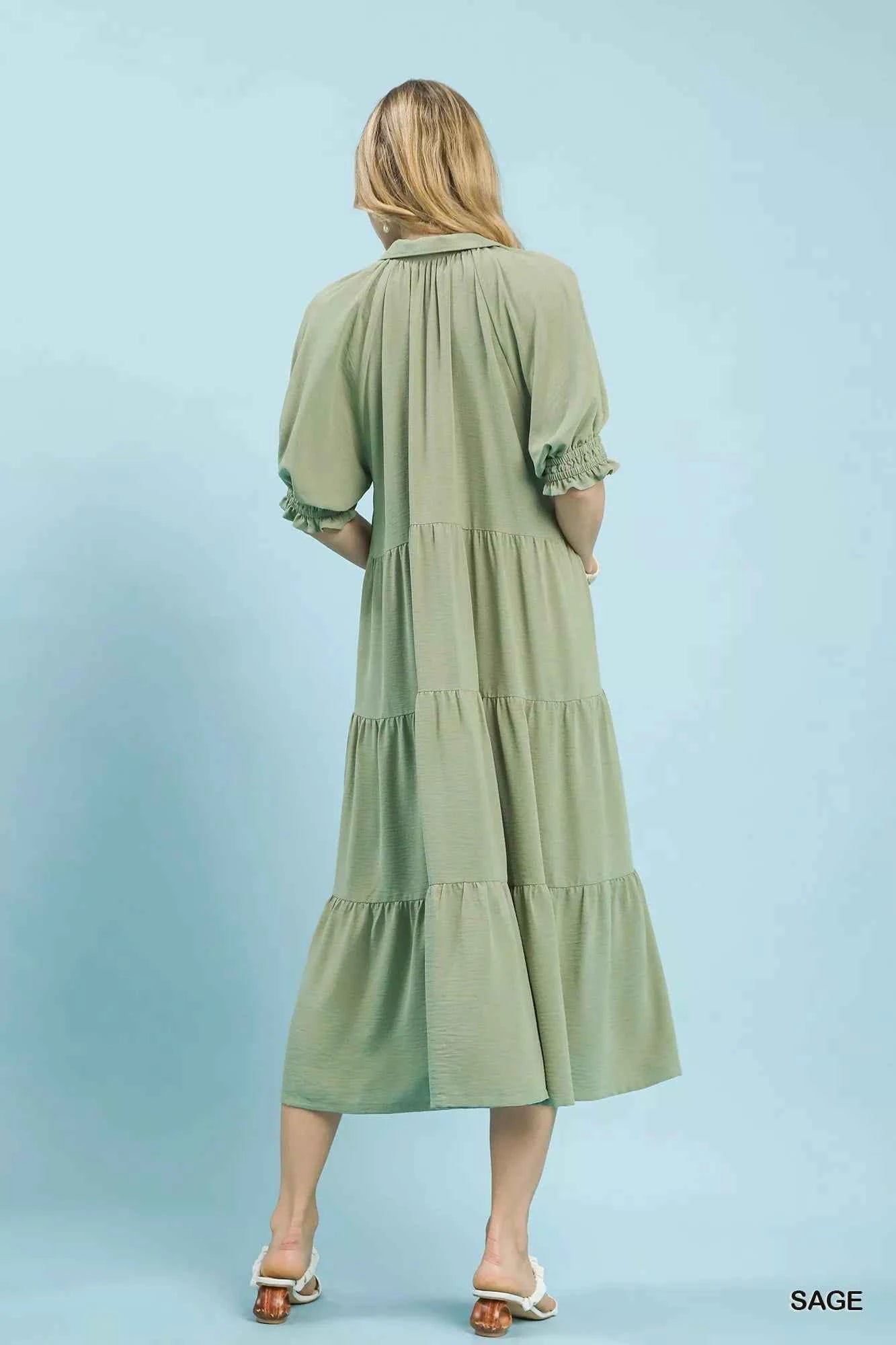 Umgee Midi Dress Tiered Solid Sage Green Ruffled Short Sleeve 6bf8fd15-c465-410d-975c-2cbf8f4db953-Max-Origin Trendsi