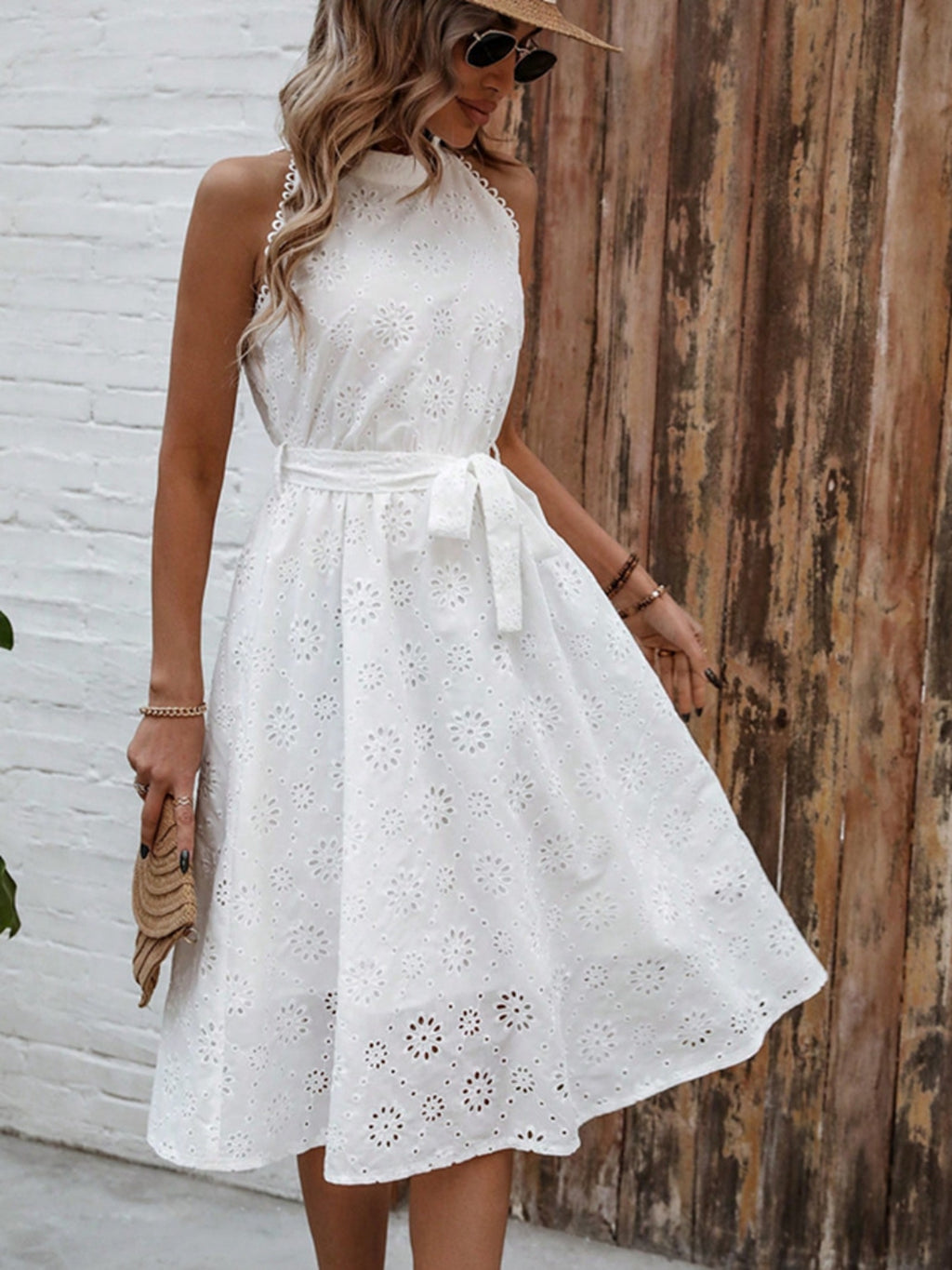 Midi Dress White Chrochet Lace Eyelet Grecian Neck Belted Tie Waist 6bfb171b-173c-41ca-b22c-3ce2e10d7071-Max Trendsi