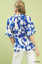 Umgee Womens Blouse Ocean Blue Floral Print Puff Sleeve Top with Scallop Hem 6c0e78f3-cbce-4d85-a4ea-b3d5c33507b3-Max-Origin Trendsi