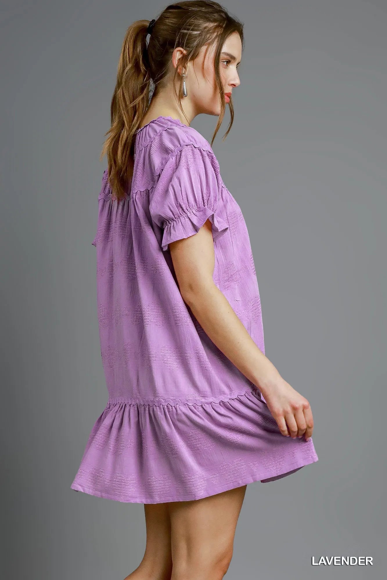 Umgee Babydoll Dress Heart Pattern Lavender Short Sleeve Ruffle Tiered 6c142ac4-a0eb-45da-855c-e7567b308a7f-Max-Origin Trendsi