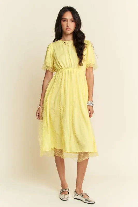 Davi & Dani Mesh Puff Short Sleeve Midi Dress
