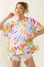 BiBi T-shirt Cotton Tie Dye Print Jersey Stitched Uneven Hem Top 6c166f526afb4012abb66b6c818733b8-Max-Origin Trendsi