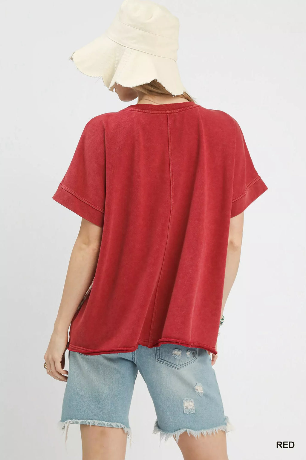 Umgee T-shirt Red Flower Patch Mineral Wash French Terry Top Short Sleeve 6c1fbead-4bd5-4d2b-ad95-2e35757abedf-Max-Origin Trendsi