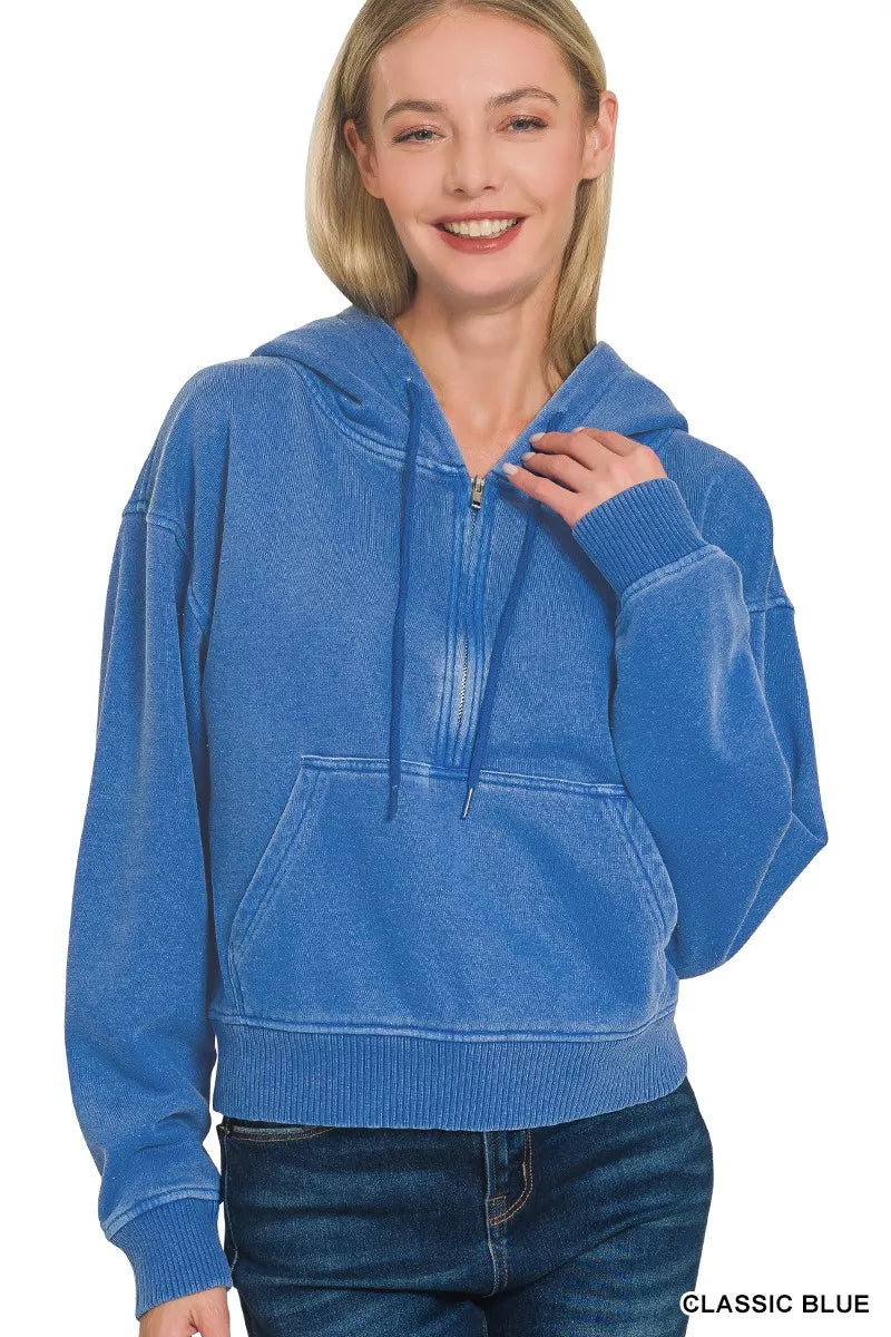 Zenana Fleece Hoodie Classic Blue Pigment Dye Half Zip Kangaroo Pocket Top 6c216b9b729341408287f29c66c6dfb4-Max-Origin Trendsi