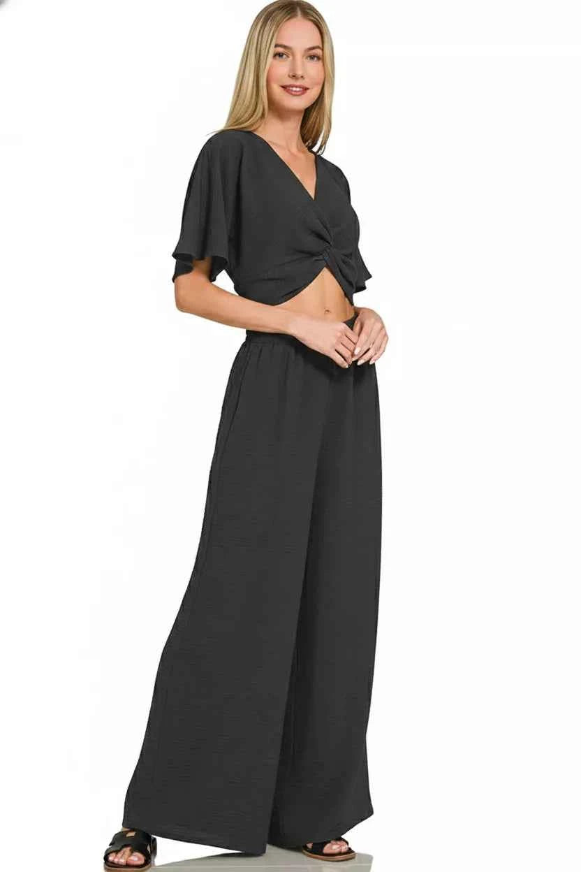Zenana Woven Airflow Twisted Top & Wide Leg Pants Set
