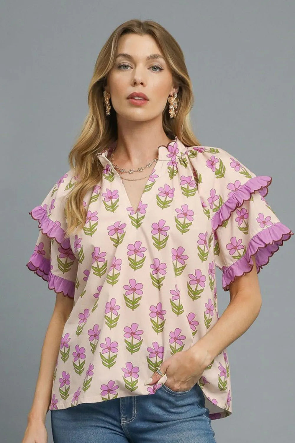 Umgee Blouse Pink Purple Floral Print Ruffle Short Sleeve Cotton Top 6c2c856a-9211-42e4-a72a-866ae5158fd5-Max-Origin Trendsi