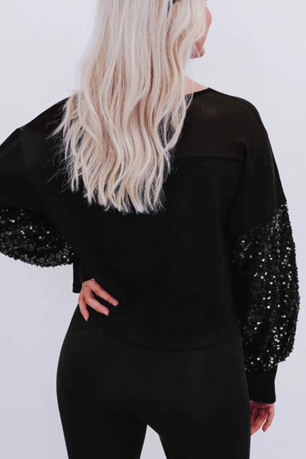 Sequin Blouse Black Boat Neck Long Sleeve Semi-sheer Top 6c2f4db3-9d01-4729-9c99-d7a0fa8b3e2d-Max Trendsi