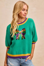 BiBi Sweater Green Mardi Gras Sequin Ribbon Patched Short Sleeve 6c30ebe190bb4c90beaef47fc2d0f26c-Max-Origin Trendsi