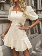Mini Dress Apricot Eyelet Lace Embroidered Puff Short Sleeve Ruched Apricot 6c37f4812fbd43cd921035663028d52a-Max-Origin Trendsi