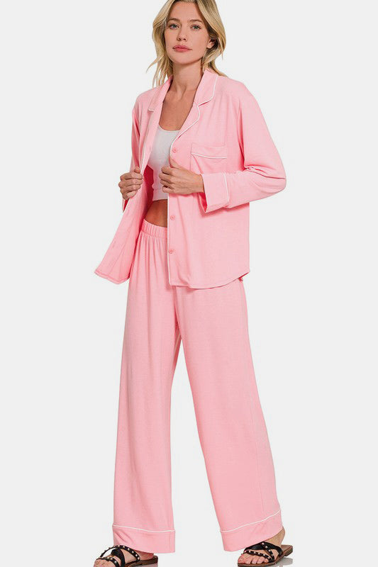 Zenana Lounge Set Pink Button Down Long Sleeve Top and Pants 2 Pcs 6c4160fa-3d6e-4992-972f-9331433c1e52-Max Trendsi