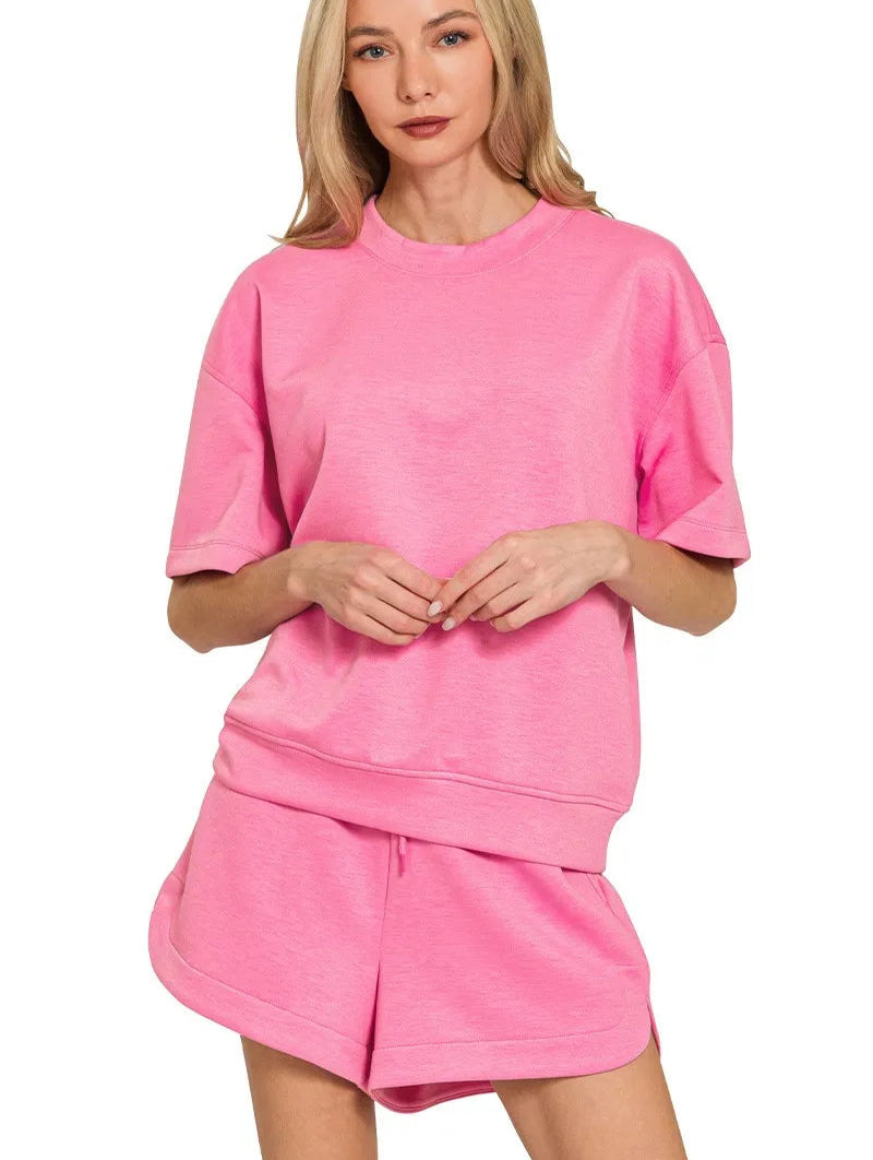 Zenana Top & Shorts Set Pink Scuba Short Sleeve Two-piece Activewear CANDY PINK 6c44647a035f487f8fb4a15d1e3235fa-Max-Origin Trendsi