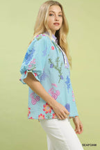 Umgee Womens Blouse Sky Blue Floral Puff Short Sleeve Top Scallop Trim Collar 6c465847-004c-47ac-94af-8a72483e1e72-Max-Origin Trendsi
