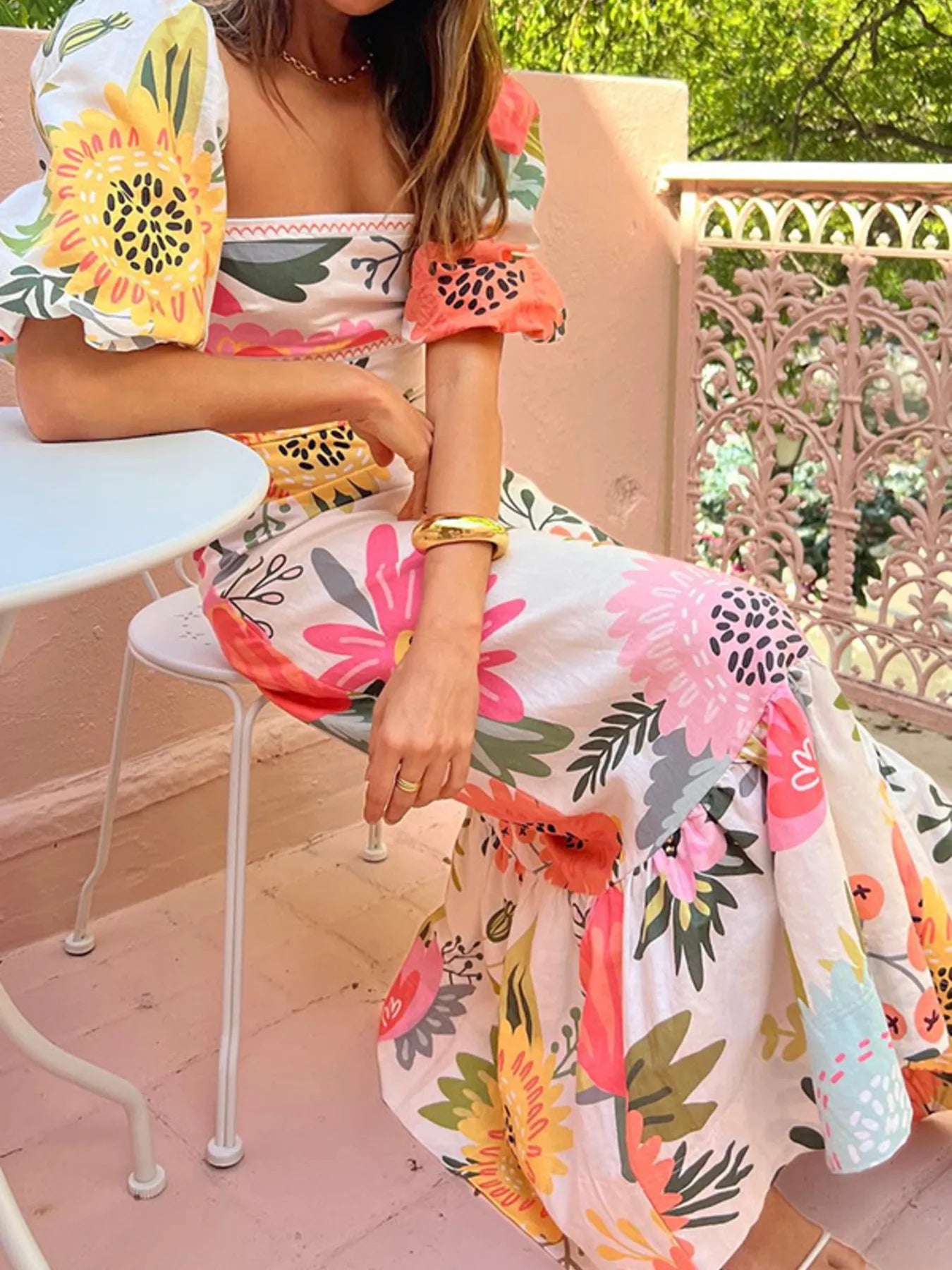 Maxi Dress Floral Square Neck Puff Short Sleeve with Ruffle Hem 6c485572d5634edaa7abf285d0377952-Max-Origin Trendsi