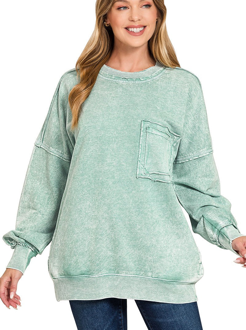 Zenana Halo Washed French Terry Sweatshirt with Exposed Seams