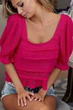BiBi Crochet Top Hot Pink Square Neckline Ruffled with Puff Short Sleeve FUCHSIA 6c5afd9d-34c5-4f59-80ad-c05dc08a08c5-Max-Origin Trendsi