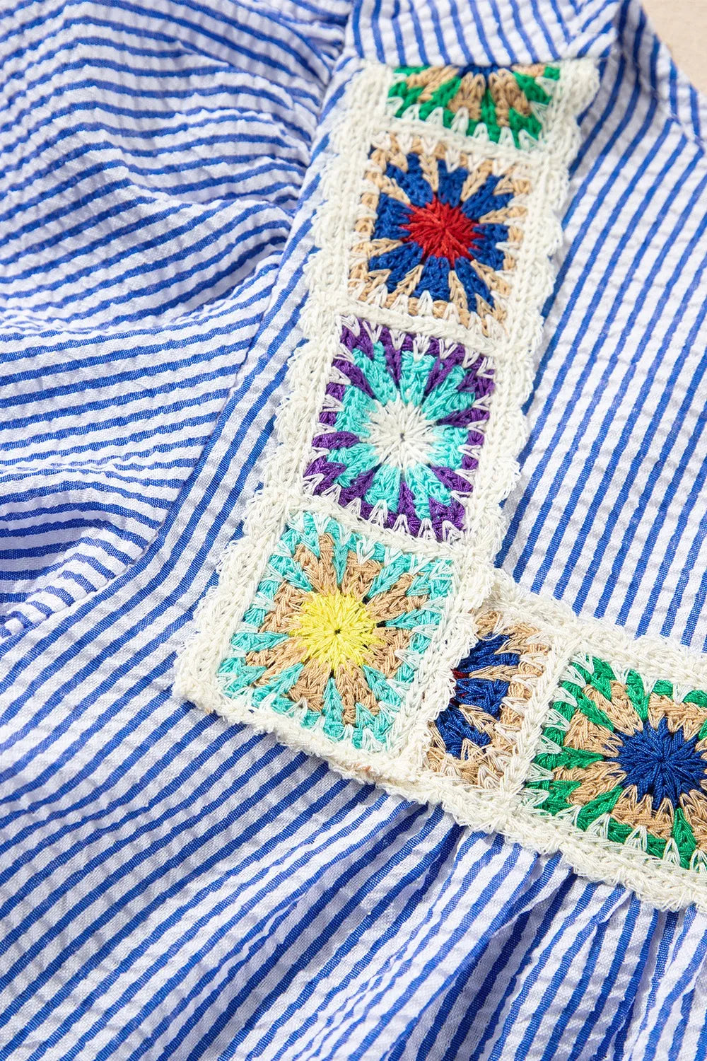 Women's Blouse Blue Stripe Floral Embroidered Square Neck Ruffle Short Sleeve 6c5e8bec-8a1d-4641-a75a-993049c9cd40-Max-Origin Trendsi