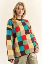 Checkered Color Block Sweater Davi & Dani Dropped Shoulder Long Sleeve 6c614156-d744-4ff7-afae-469928c508ef-Max Trendsi