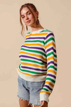 SO ME Women Sweater Ivory Mardi Gras Color Stripe Knit Top 6c6fda4d2fcd476398f128ec5208ea63-Max-Origin Trendsi