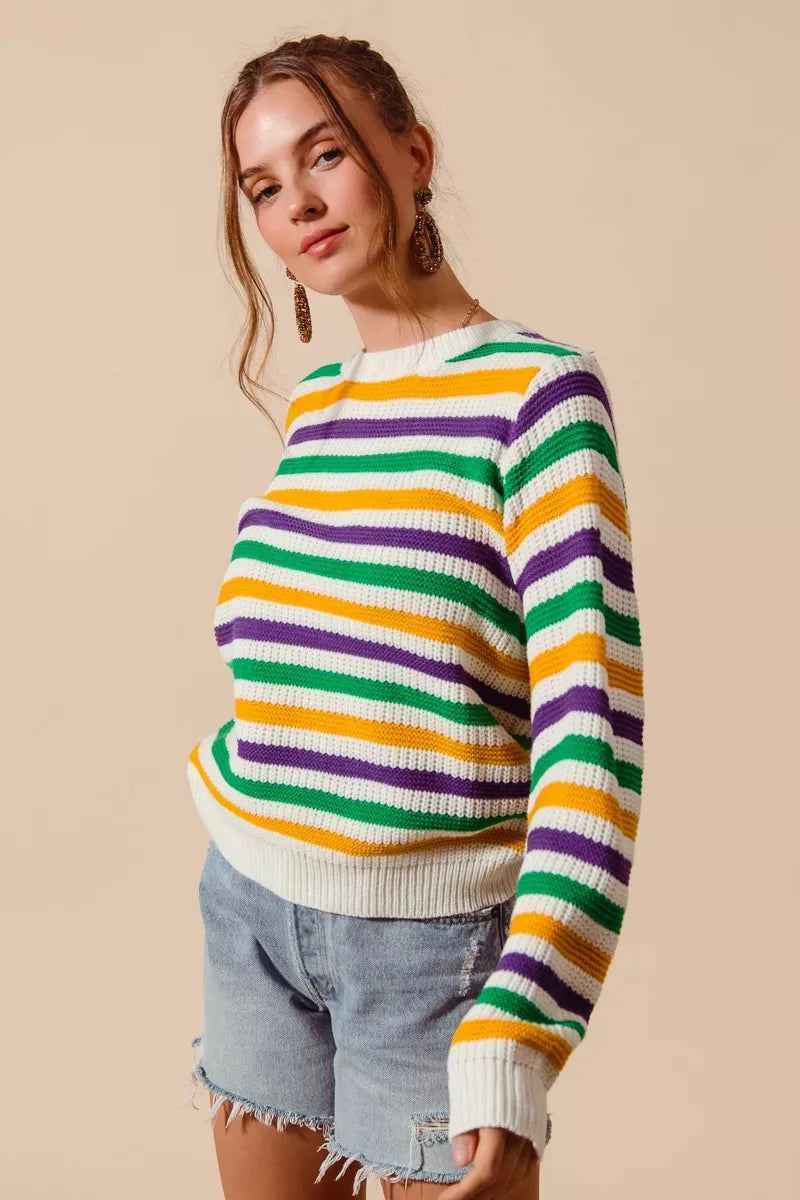 SO ME Women Sweater Ivory Mardi Gras Color Stripe Knit Top 6c6fda4d2fcd476398f128ec5208ea63-Max-Origin Trendsi