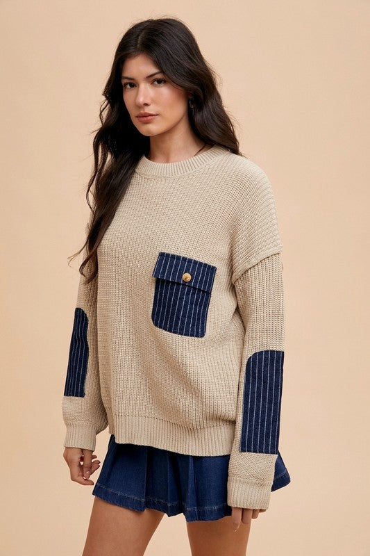 Annie Wear Sweater Contrast Round Neck Long Sleeve with Patch Pocket