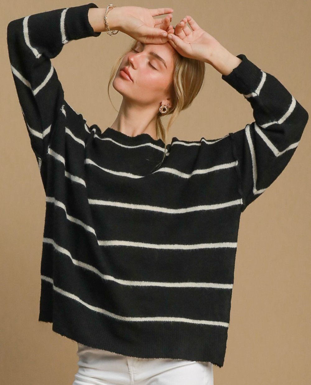 Umgee USA Wool Blend Sweater Striped Women Round Neck Long Sleeve