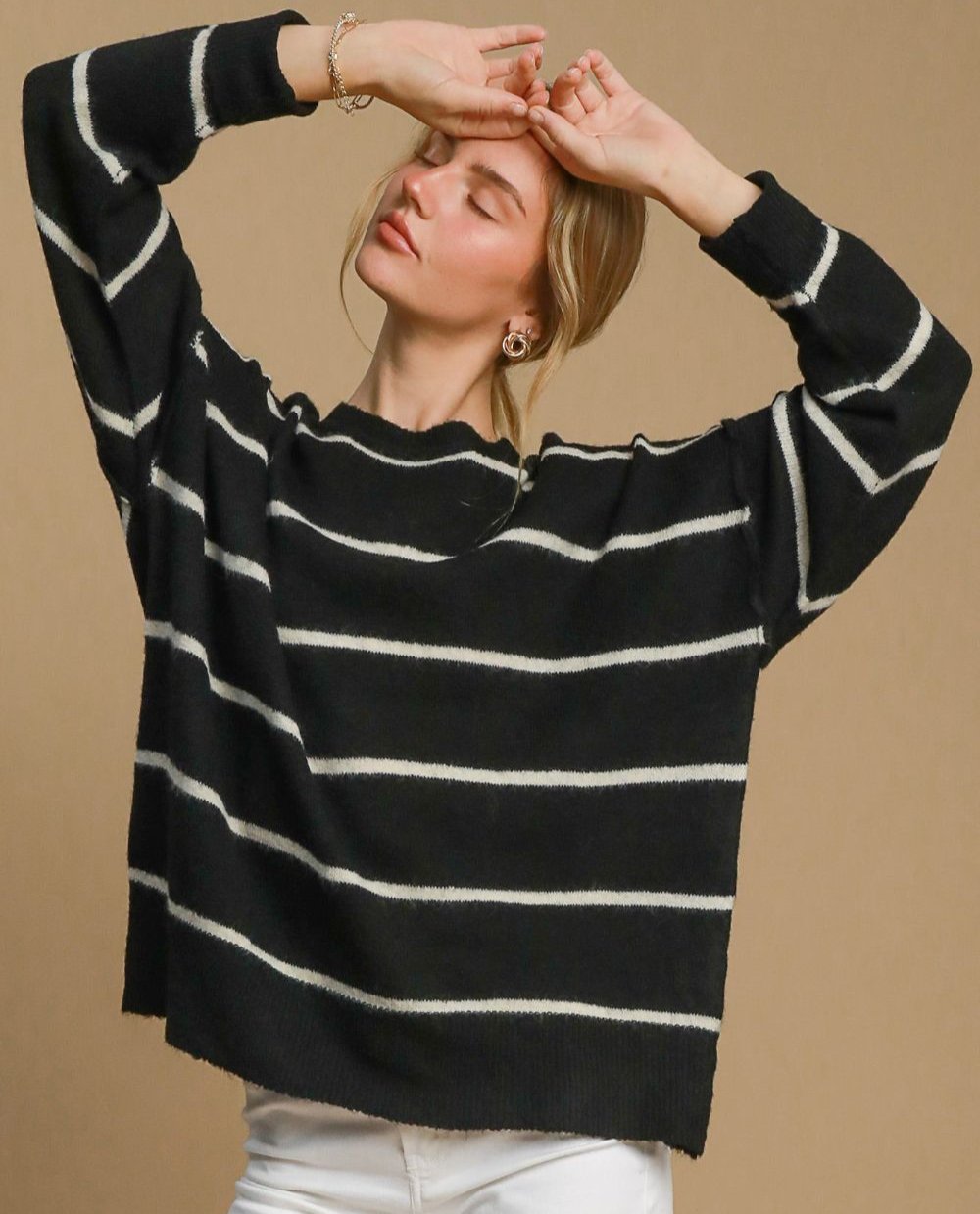 Umgee USA Wool Blend Sweater Striped Women Round Neck Long Sleeve Black Cream 6c868b49-8003-430f-8809-37d726d87837-Max Trendsi