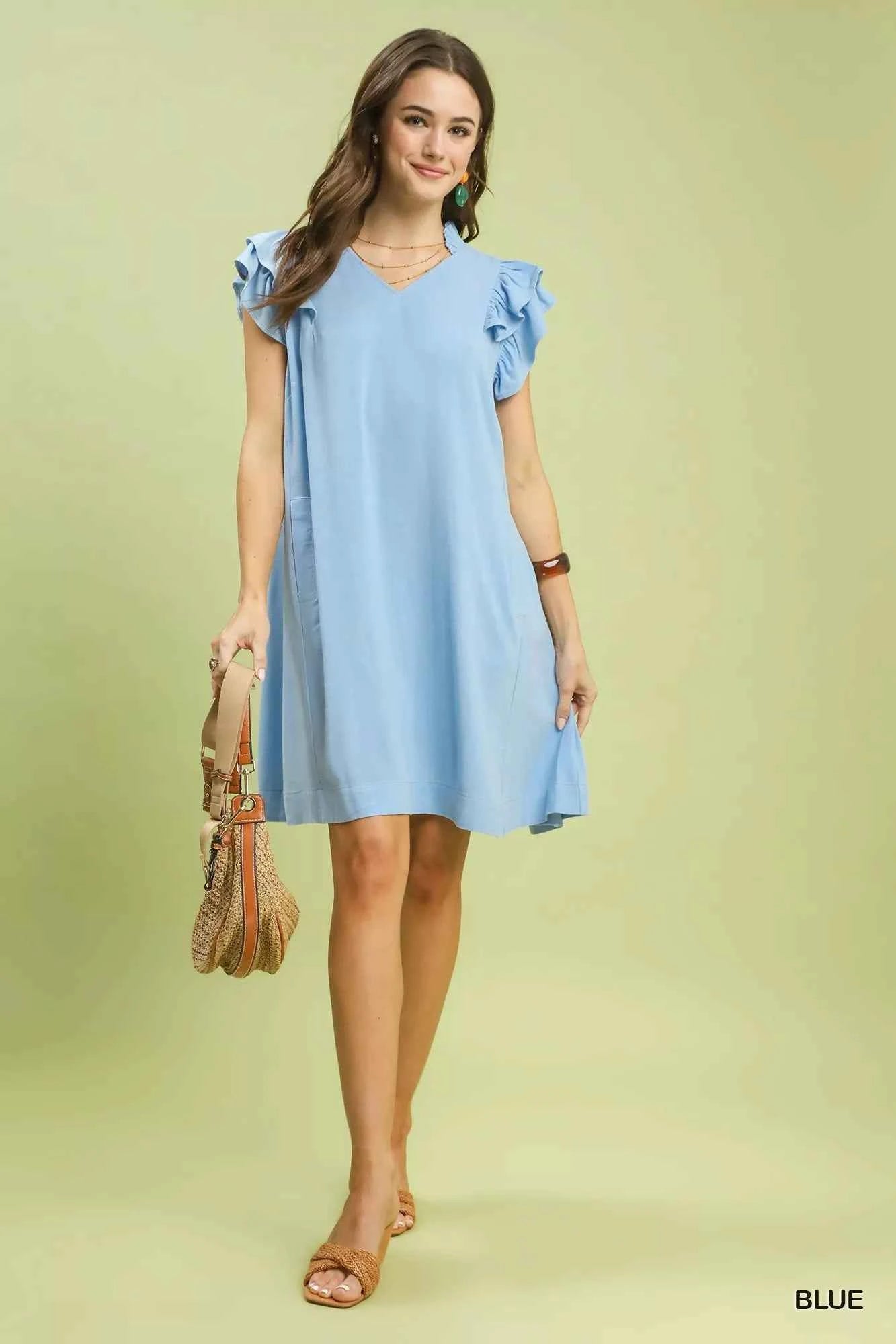 Umgee Linen Flutter Sleeve Shift Dress with Pockets