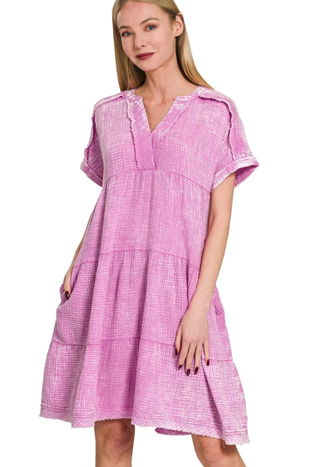 Zenana Dress Mauve Washed Double Gauze Raw Edge V-neck Short Sleeve BRIGHT MAUVE 6c8d3516-242d-46b9-ae8c-34a2e712049c-Max-Origin Trendsi