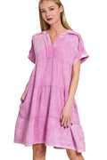 Zenana Dress Mauve Washed Double Gauze Raw Edge V-neck Short Sleeve BRIGHT MAUVE 6c8d3516-242d-46b9-ae8c-34a2e712049c-Max-Origin Trendsi