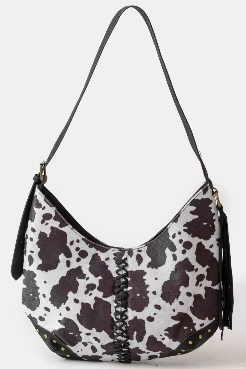 Fame Women's Shoulder Bag Cow Print Hobo Zipper with Studded Details BW one size 6c8ddb251fe34b6dab2ebaadcc65a5a1-Max-Origin Trendsi