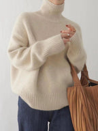 Turtleneck Women Sweater Soft Knit Dropped Shoulder Long Sleeve Loose Pullover Cream One Size 6c8f913f-7a0a-40c8-b079-9d8ef0f664b7-Max Trendsi