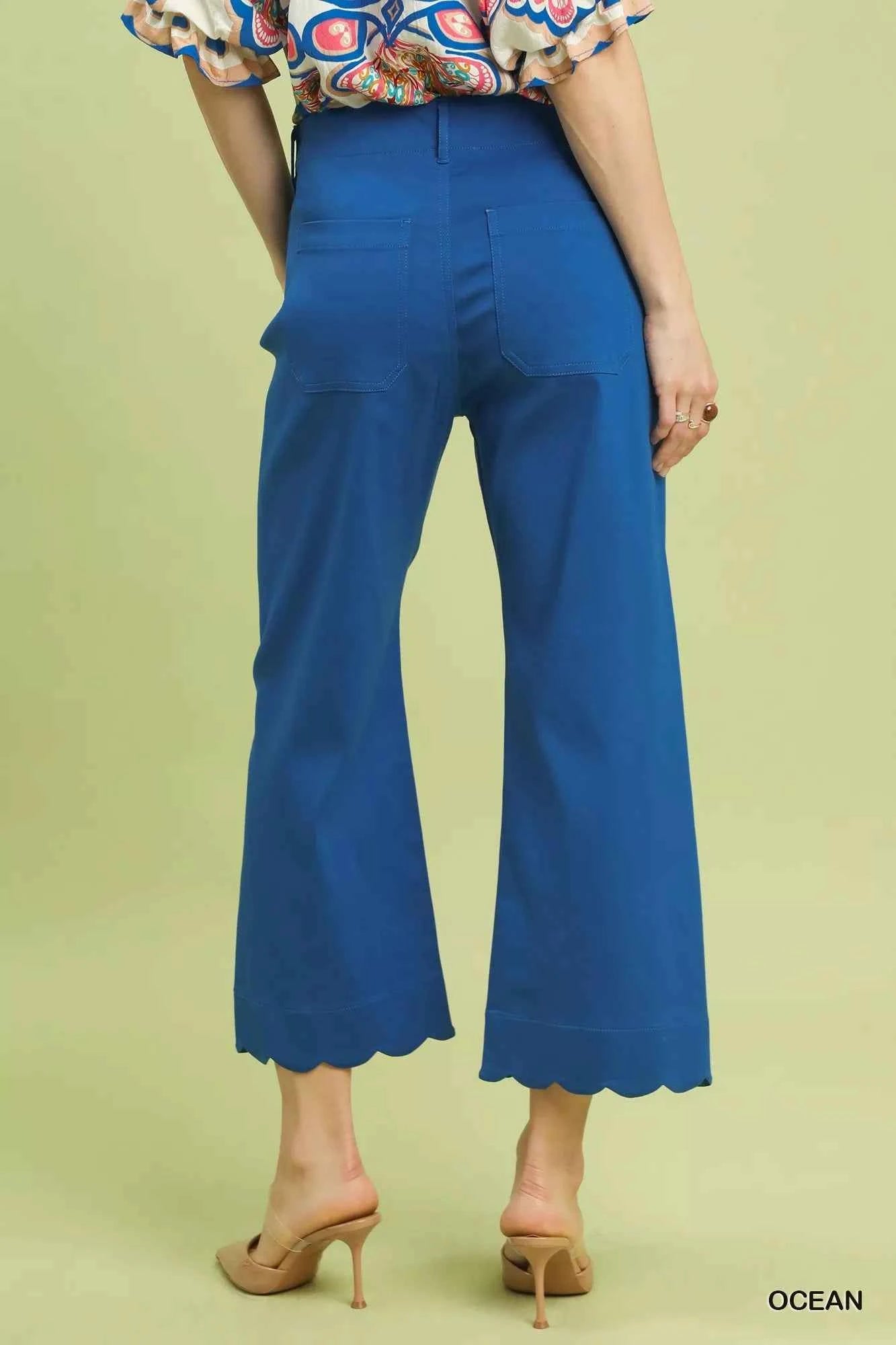 Umgee Wide Leg Pants Cropped Blue Scallop Hem with Front Pockets 6c9c43f5-56cf-4843-a4a6-b1dfdbaa3d5f-Max-Origin Trendsi