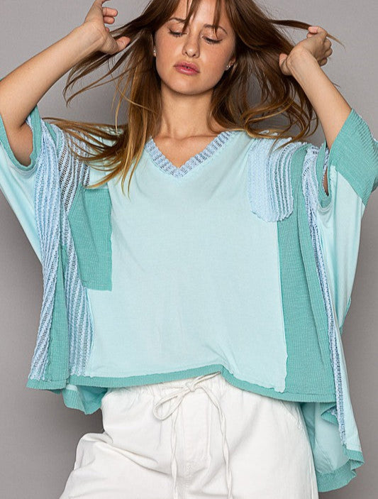 POL V Neck Blouse Mint Blue High-Low Contrast Long Sleeve Openwork Tops