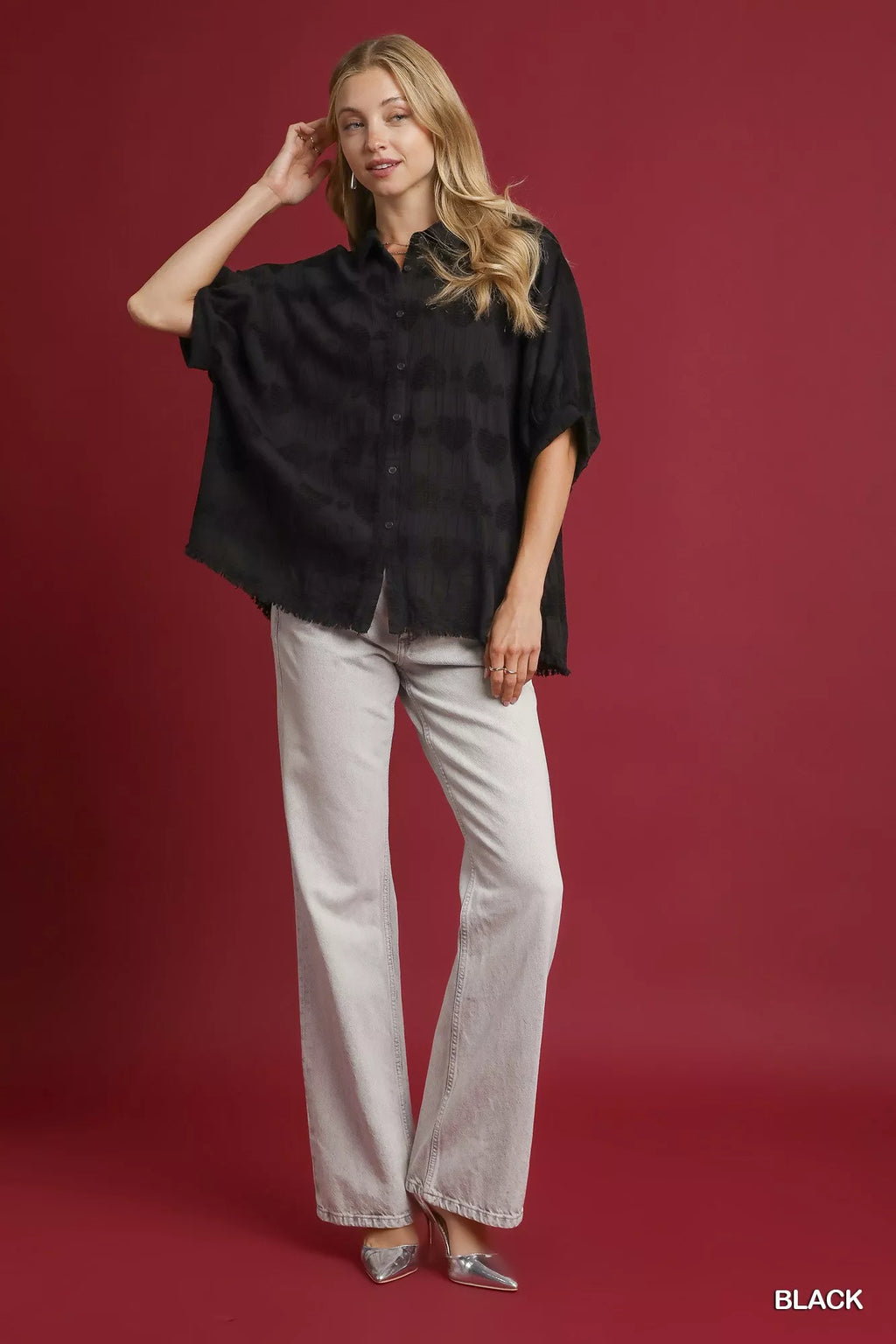 Umgee Women's Shirt Black Jacquard Heart Collared Short Sleeve Top 6caa3bab-6270-4843-9af1-433425791c34-Max-Origin Trendsi