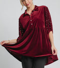 Umgee USA Pearl Babydoll Blouse Burgundy Women Half Sleeve Velvet Ruffle Burgundy 6cb98526-b7fe-44ac-ae7c-a678e392e7e5-Max Trendsi